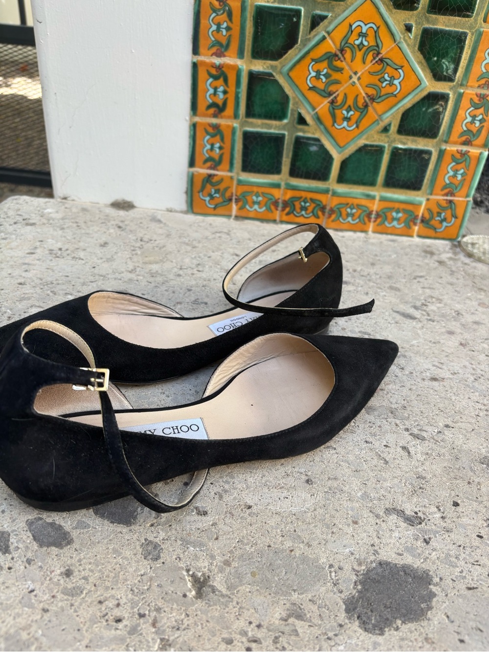 Jimmy Choo Black Suede Pointed-Toe Ankle Strap Ballet Flats